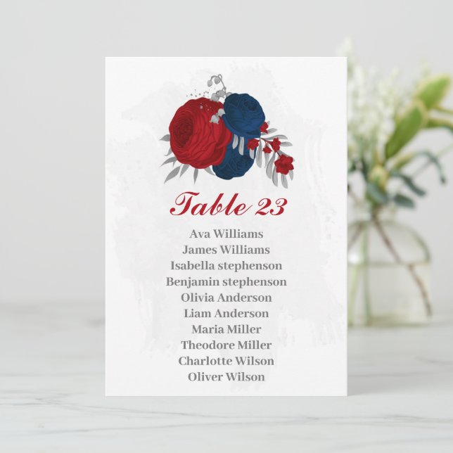 red & navy blue flowers silver seating chart card (Standing Front)