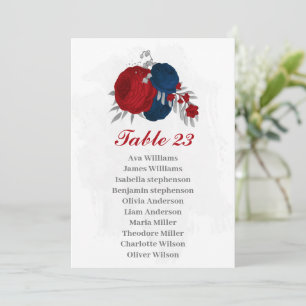red & navy blue flowers silver seating chart card