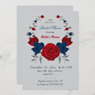 red & navy blue flowers wreath bridal shower invitation