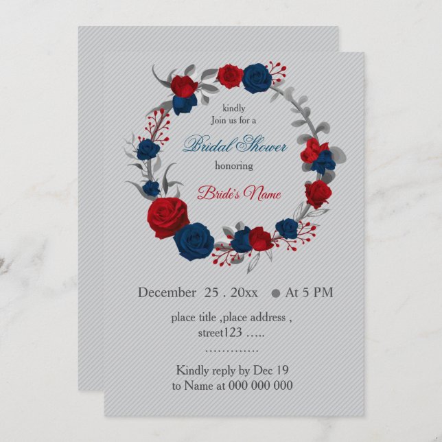 red & navy blue flowers wreath bridal shower invitation (Front/Back)