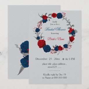 red & navy blue flowers wreath bridal shower invitation