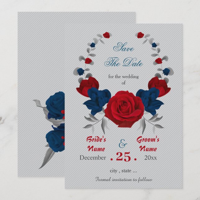 red & navy blue flowers wreath save the date invitation (Front/Back)