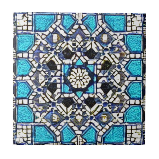 Red navy blue geometric art moroccan mosaic design ceramic tile (Front)