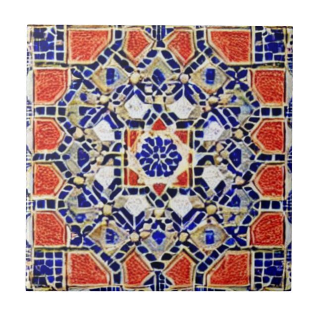 Red navy blue geometric art moroccan mosaic design ceramic tile (Front)