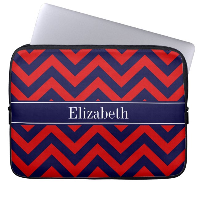 Red, Navy Blue LG Chevron Navy Blue Name Monogram Laptop Sleeve (Front)