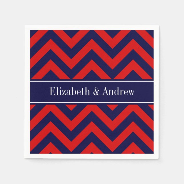 Red, Navy Blue LG Chevron Navy Blue Name Monogram Napkin (Front)