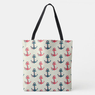 Red & Navy Blue Nautical Anchor Large Tote