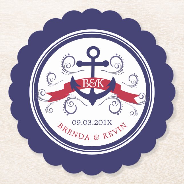 Red & Navy-blue nautical anchor wedding monograms Paper Coaster (Front)