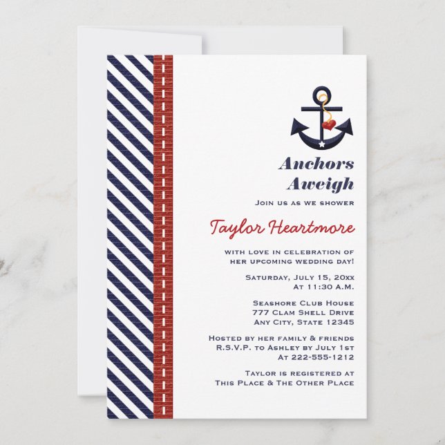 Red Navy Blue Nautical Bridal Shower Invitations (Front)
