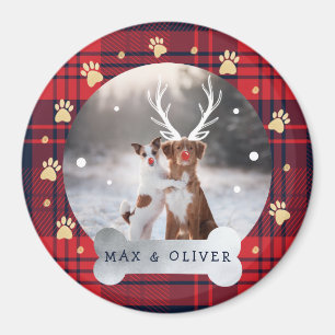 Red & Navy Blue Plaid & Gold Paw Print Pet Photo Magnet