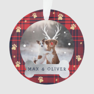 Red & Navy Blue Plaid & Gold Paw Print Pet Photo Ornament