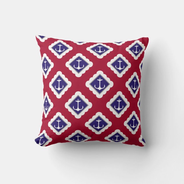 Red,  Navy Blue, White Anchors Nautical Pattern Cushion (Front)