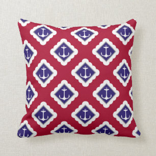 Red,  Navy Blue, White Anchors Nautical Pattern Cushion