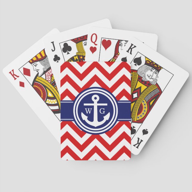 Red Navy Blue Wht LG Chevron Anchor Monogram Playing Cards (Back)