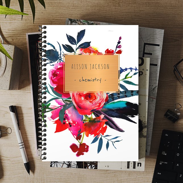 Red navy boho bouquet copper label trendy school notebook (Creator Uploaded)