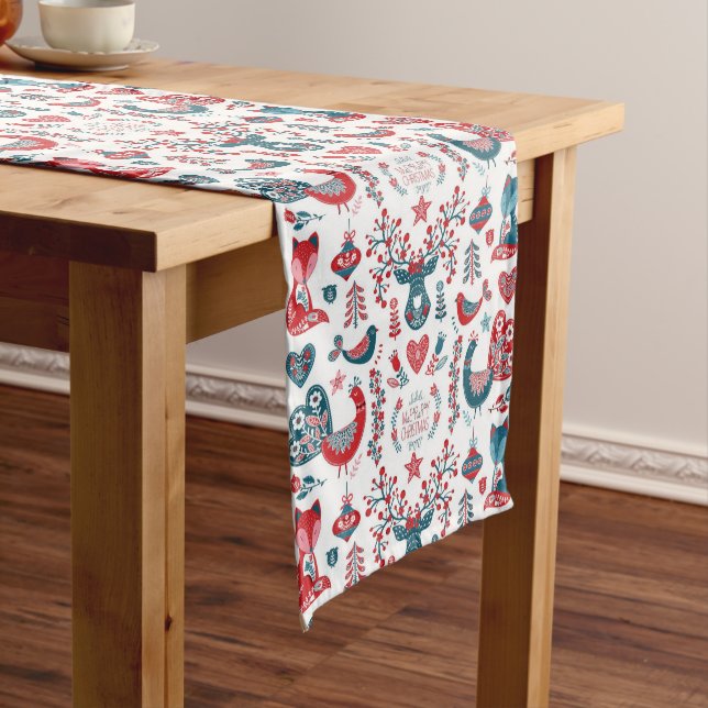 Red Navy Christmas Scandinavian Folk Art Woodland Long Table Runner (In Situ)