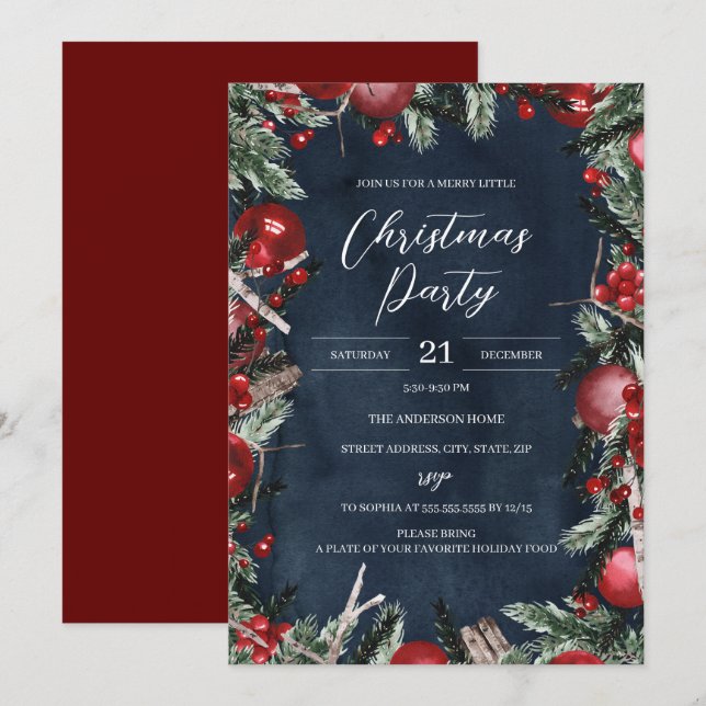 Red Navy Christmas Wreath Festive Floral Party Invitation (Front/Back)
