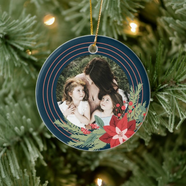 Red Navy Circle Christmas Photo Poinsettia Floral Ceramic Ornament (Tree)