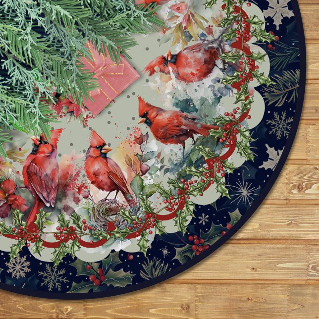 Red navy festive cardinals floral christmas custom brushed polyester tree skirt (Creator Uploaded)