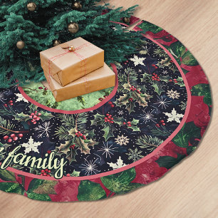 Red navy festive floral christmas pattern custom brushed polyester tree skirt