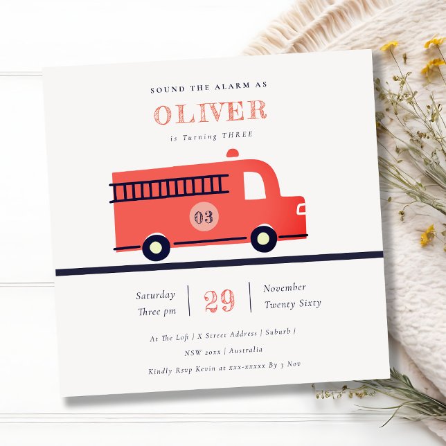 Red Navy Fire Truck Engine Any Age Birthday Invite (Creator Uploaded)