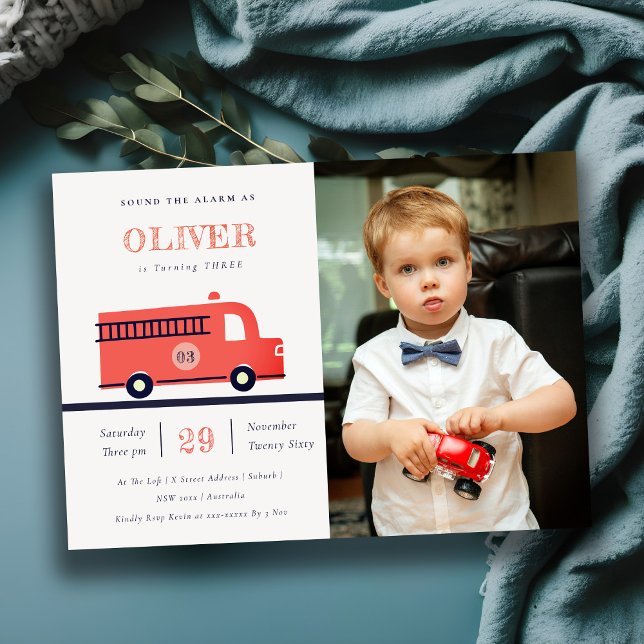 Red Navy Fire Truck Engine Photo Birthday Invite (Creator Uploaded)
