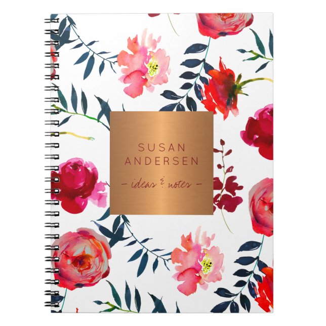 Red navy floral elegant rose gold copper metallic notebook (Front)