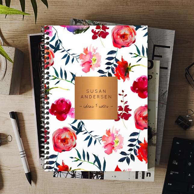 Red navy floral elegant rose gold copper metallic planner (Creator Uploaded)