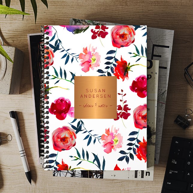 Red navy floral elegant rose gold copper metallic planner (Creator Uploaded)