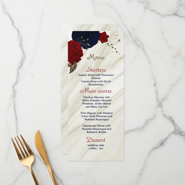 red & navy flowers beautiful wedding menu (Front/Back In Situ)