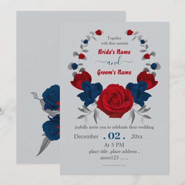 red & navy flowers botanical wreath wedding invitation (Front/Back)