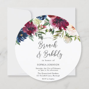 Red & Navy Flowers Brunch & Bubbly Bridal Shower Invitation