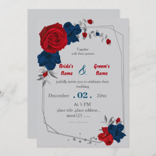 red & navy flowers geometric wedding invitation