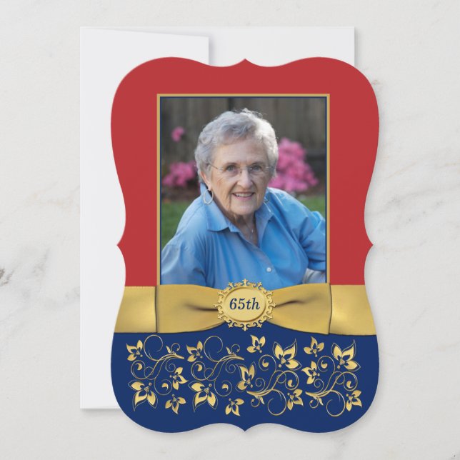 Red, Navy, Gold 65th Photo Birthday Invitation (Front)