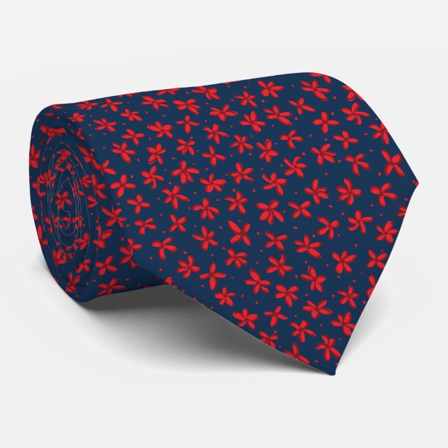 Red & Navy Mini Floral Print Tie (Rolled)