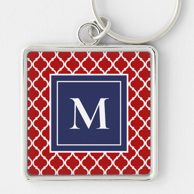 Red Navy Modern Monogram Quatrefoil Nautical Beach Key Ring (Front)