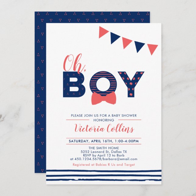 Red & Navy | Modern Typography Boy Baby Shower Invitation (Front/Back)