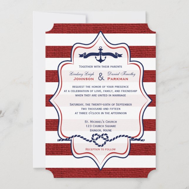 Red, Navy Nautical, FAUX Burlap Stripes Wedding Invitation (Front)