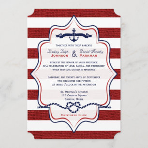 Red, Navy Nautical, FAUX Burlap Stripes Wedding Invitation