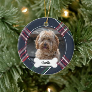 Red Navy Plaid Custom Pet Puppy Dog Photo Ceramic Ornament
