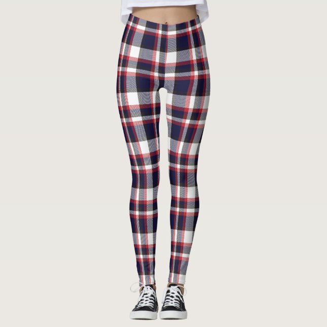Red Navy Plaid Tartan Checkered Pattern Leggings (Front)