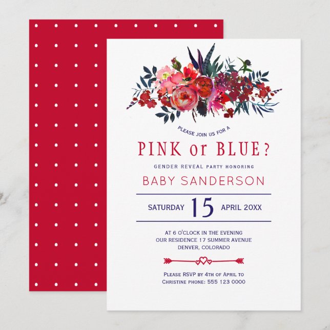 Red navy rustic floral baby gender reveal party invitation (Front/Back)