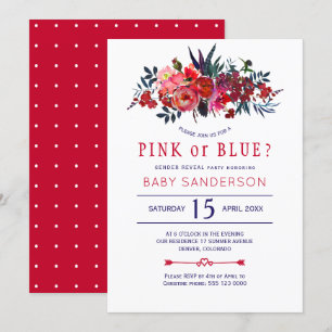 Red navy rustic floral baby gender reveal party invitation
