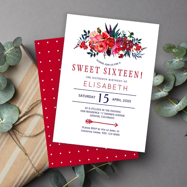 Red navy rustic floral bohemian sweet 16 invite (Creator Uploaded)