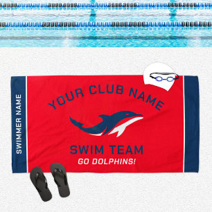 Red Navy Swim Team Custom Name Beach Towel