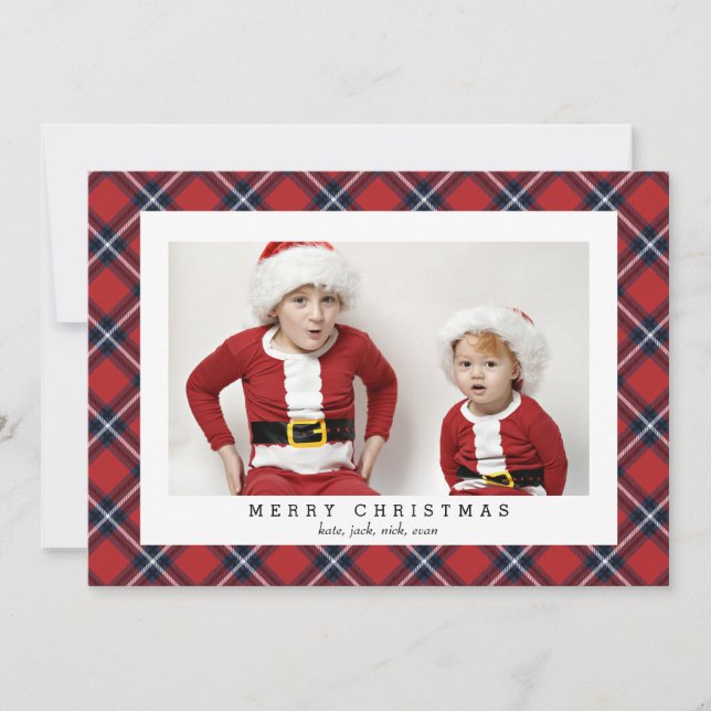 Red Navy Tartan Photo Card for Christmas Holidays (Front)