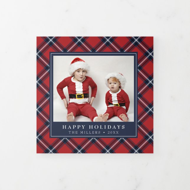 Red Navy Tartan Plaid Christmas Trifold Photo Card (Cover)
