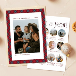 Red & Navy Tartan Year in Review Family Photo Holiday Card