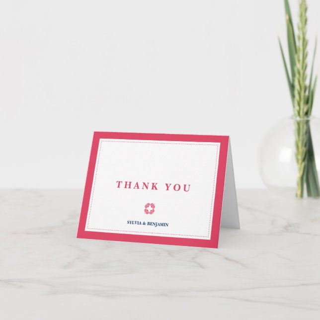 Red navy traditional border simply thank you note card (Front)