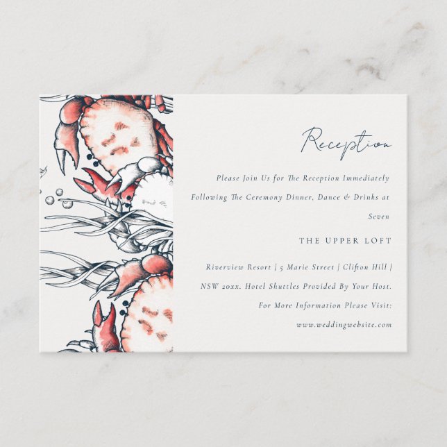 Red Navy Underwater Crab Coastal Wedding Reception Enclosure Card (Front)